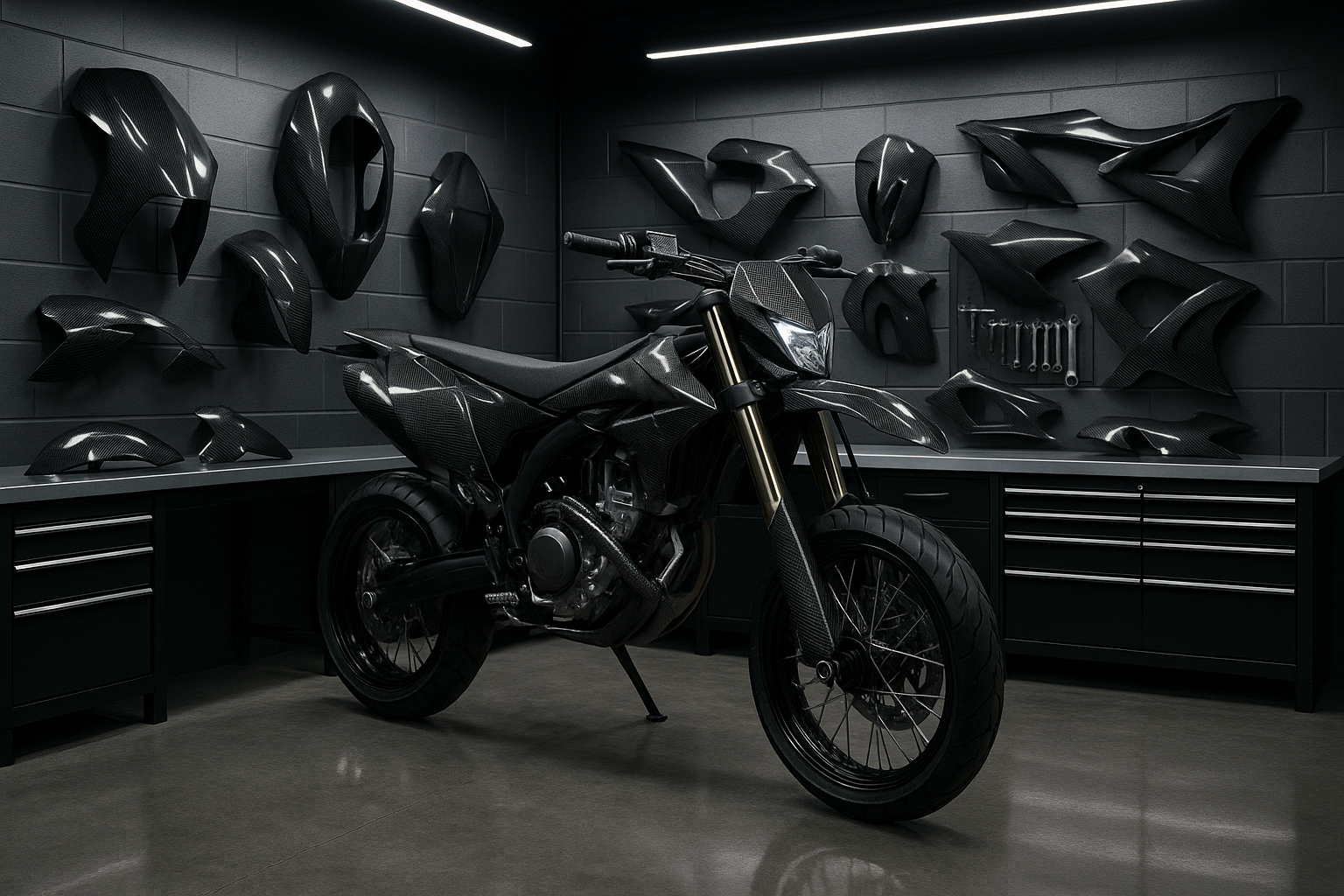 supermoto carbonteile in einer garage mit einer supermoto und led